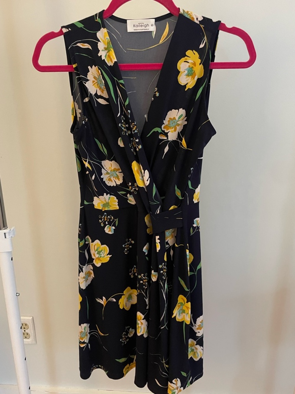 Kaileigh Navy Floral Faux Wrap Midi Dress with Yellow & Green Accents